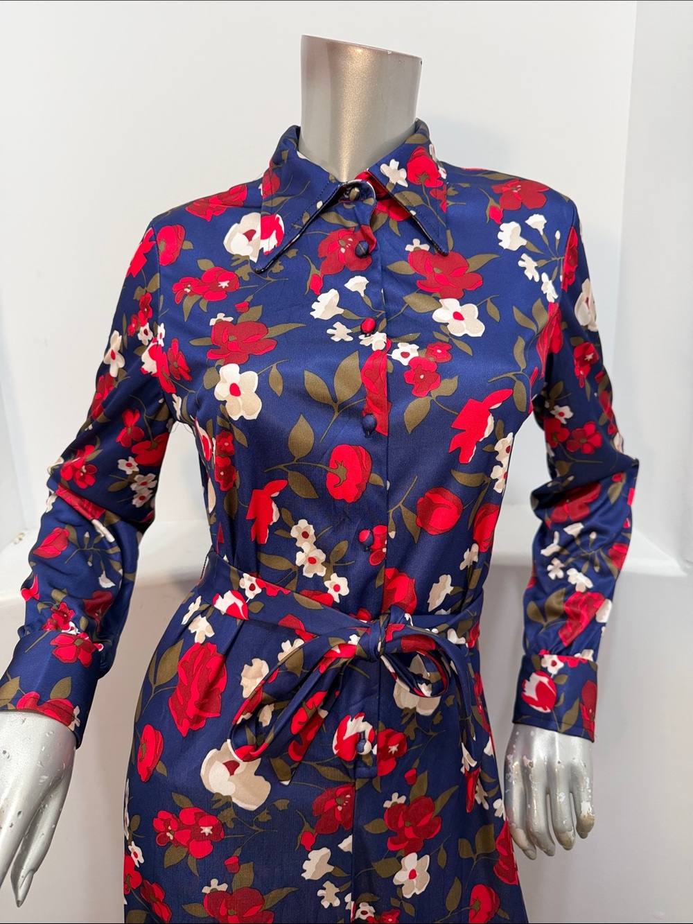 Vintage 70s Emilio Borghese Floral Navy Long-Sleeve Shirt Maxi Dress Size Sz 14 - Picture 4 of 7